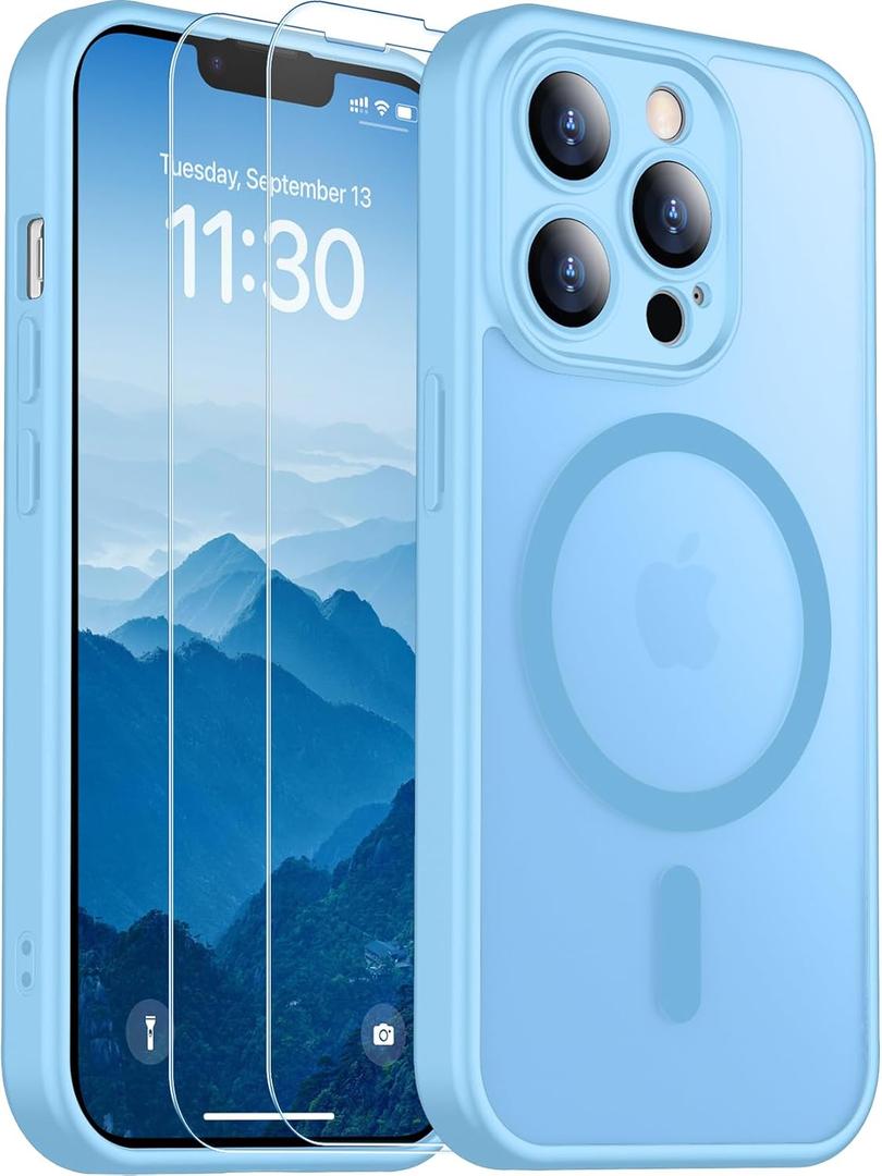 SPIDERCASE Magnetic for iPhone 13 Pro Max Case,Light Blue | Translucent Matte Case with 2PCS Tempered Glass Screen Protector Drop Protection Anti-scratched Slim Phone Case