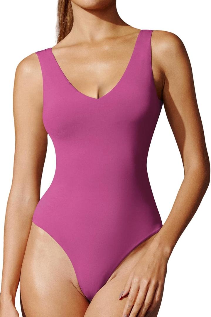 IUGA Bodysuits for Women Tummy Control V Neck Backless Bodysuit Tops Sleeveless Tank Top Body Suits for Women (Purple, M)