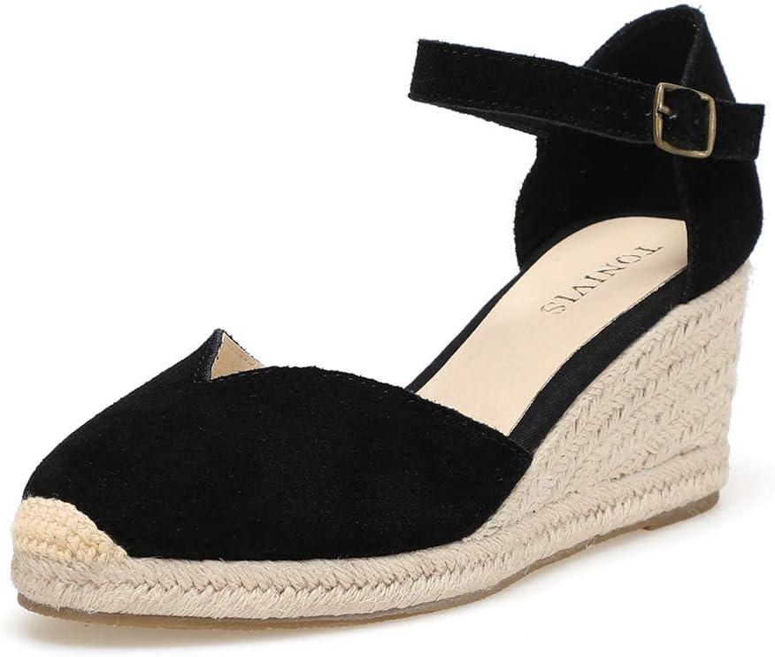 Platform Wedges Sandals for Women, 3" Wedge, Ankle-Strap, Cap Toe, Summer Espadrilles Heel Shoes 10