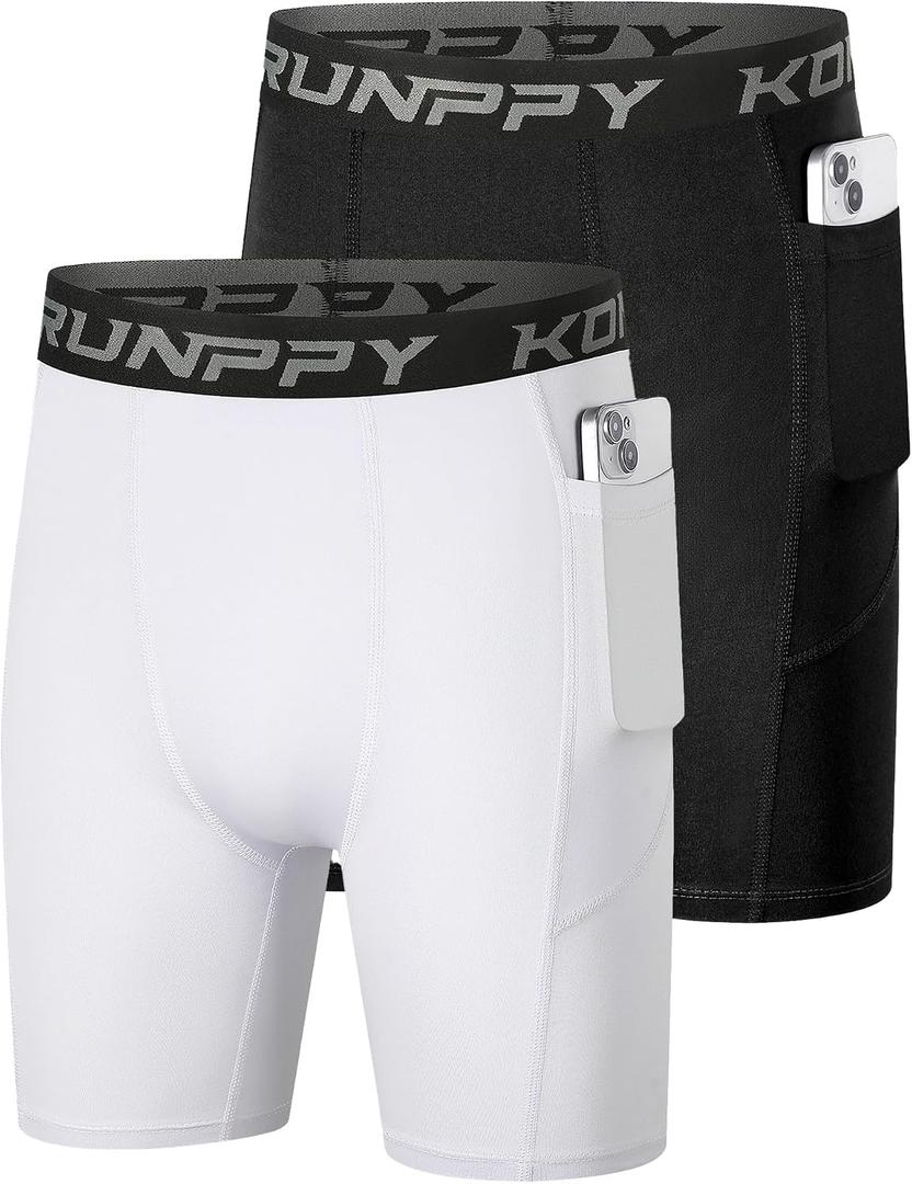 Konrunppy Youth Boys Compression Shorts Basketball Athletic Base Layer Workout Baseball Underwear Sport Spandex Shorts Side Pocket (2 Pack Black White,Small)