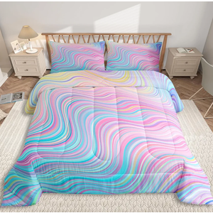 Feelyou Girls Pink Comforter Set Queen Size Kids Rainbow Stripe Bedding Set for Boys Teens Women Die Tye Comforter Breathable Geometric Duvet Princess Decor Quilt,1 Comforter with 2 Pillowcase