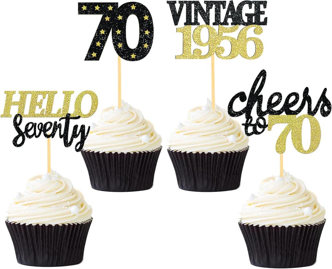 24 Pcs Glitter 70th Birthday Cupcake Toppers for Celebrating 70th Birthday Party Decorations for Seventy Years Old Birthday Party Supplies (Black&Gold)