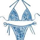 SHENHE Women's 2 Piece Halter Swimsuit Textured Tie Side Triangle Bikini Bathing Suit Blue and White Large