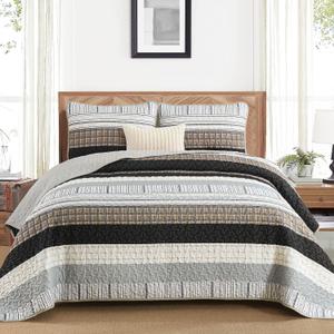 DJY Striped Quilt Set Queen Size, Brown Boho Bedspread Set 3 Pieces Patchwork Coverlet Bedding Set Lightweight Soft Microfiber for All Season (96"x90")