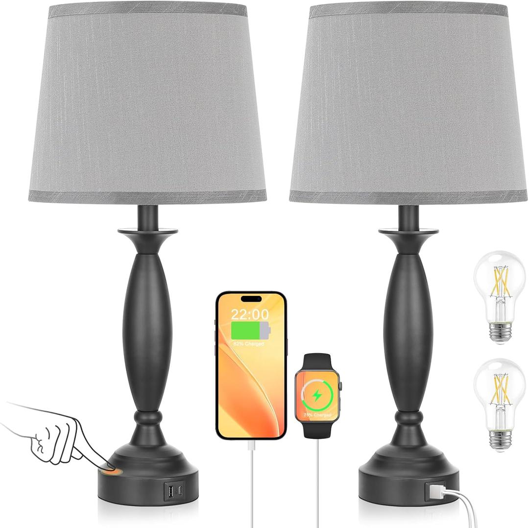 Grey Lamps for Bedrooms Set of 2 - Touch Control Bedside Lamp with USB C+A, 3 Way Dimmable Nightstand Lamps with USB Port, Table Lamp for Living Room(Grey Shade and Black Base) (22.5in Touch Control, G. Grey Shade and Black Base)