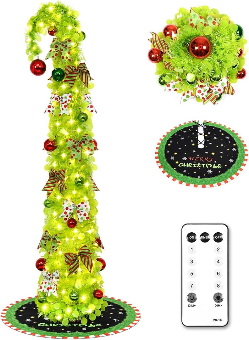 NatuBeau 6FT Lime Green Pop Up Christmas Tree with 150 LED Lights & Skirt, Collpsible Bendable Whimsical Christmas Tree with Ball Ornaments Bows for Indoor Outdoor Home Decor