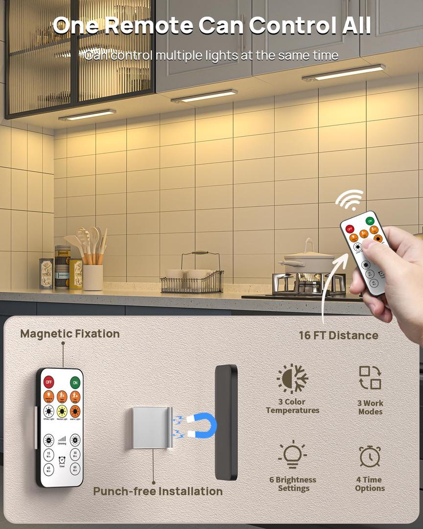 Under Cabinet Lighting with Remote Control,USB Rechargeable 180 Lumen LED Motion Sensor Light Indoor,Wireless Under Counter Light,3 Color Dimmable 