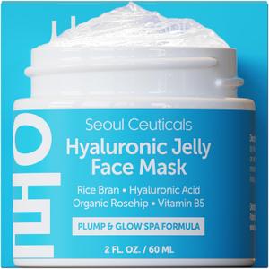 SeoulCeuticals Korean Skin Care Hyaluronic Acid Jelly Face Mask Rice Bran + Vit B5 + Rosehip Anti Aging K Beauty Skincare for Plump Glowing Skin 2oz