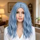BUFASHION 18" Long Wavy Curly Light Blue Synthetic Wig for Women Girls Cosplay Wig Halloween Costume Wig with Wig Cap (Light Blue)