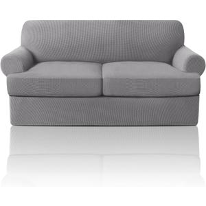 PrinceDeco T Cushion Loveseat Slipcover 3 Pieces Sofa Covers for T Cushion Sofa Stretch Slip Covers for 2 Cushion Couch with 2 Individual T Shape Seat Covers Width Up to 76"- Washable, Dove