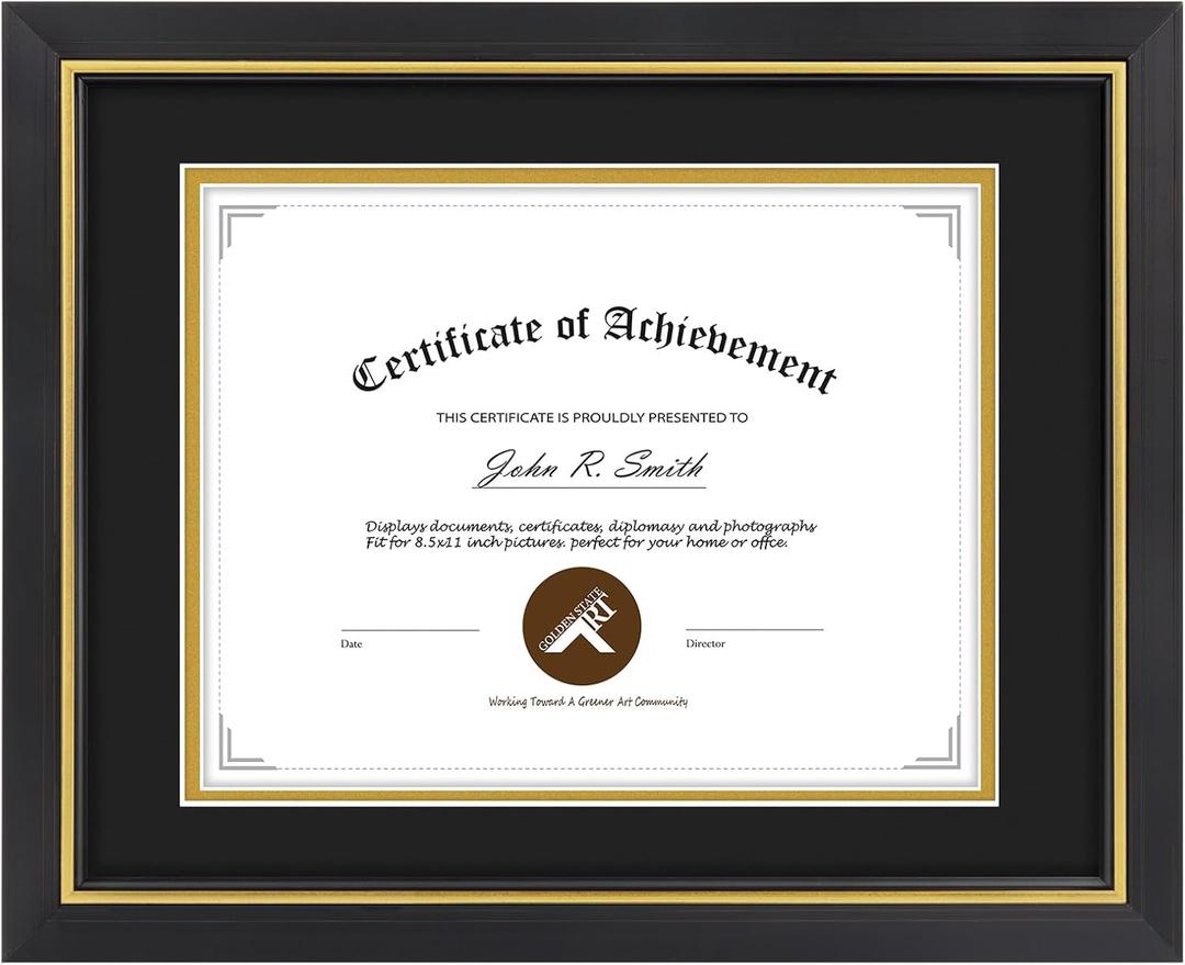 11x14 Diploma Frame Black with Gold Trim - Display 8.5x11 Diploma with Black Over Gold Double Mat Or 11x14 Certificate without Mat - Soild Wood with Tempered Glass - Horizontal Or Vertical Display - 1 Pack
