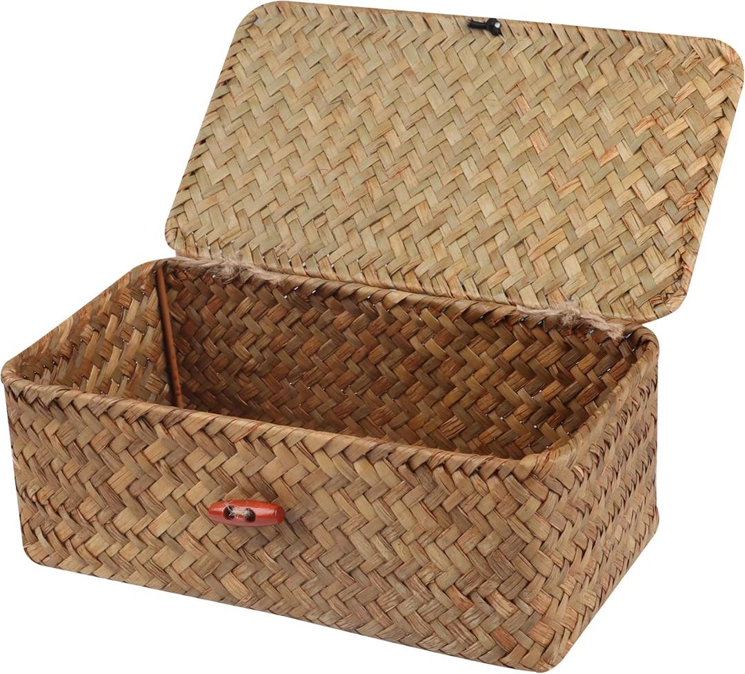 Moosky Wicker Shelf Baskets with Lid,Handwoven Seagrass Basket for Storage Basket Bins Rectangular Home Organizer Gift Boxes (Natural Small)