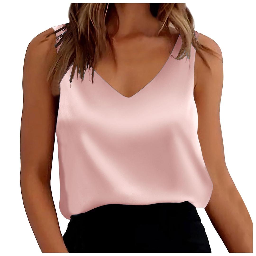 Women's Satin Silk Summer Vest V-Neck Fashion Casual T-Shirts Solid Colour Sleeveless Basic Tank Tops, Large