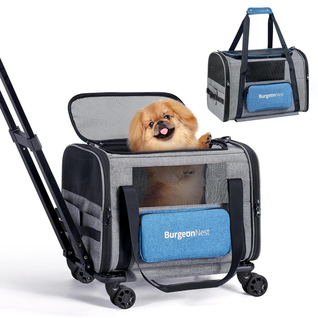 BurgeonNest Cat Carrier with Wheels, Pet Carrier for Dogs 25 lbs with Telescopic Handle, Small Dog Bag with Wheels Removable, Soft Rolling Cat Purse with Large Pocket for Travel Vet Visits