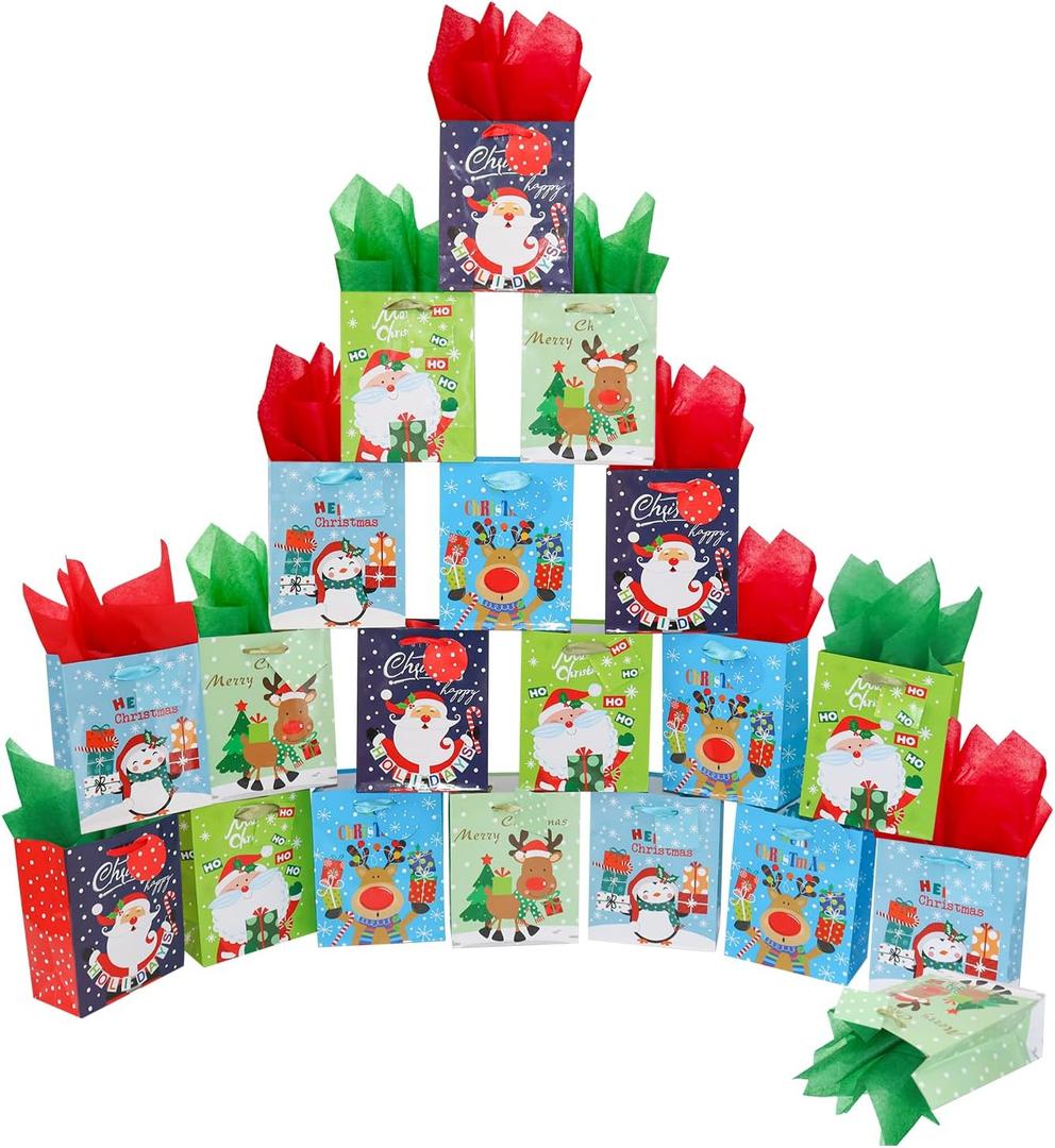 ysmile Small Christmas Gift Bag with Wrapping Paper in Bulk 20 Pack
