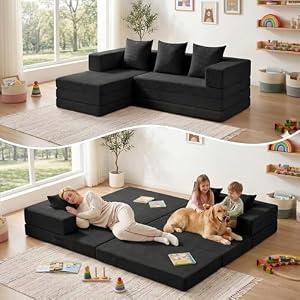 65" Boneless Couch,Convertible Sleeper Sofa Bed, Mini Modular Sectional Sofa, Modern Tri-Folding Cloud Couch with L-Shape Chaise, Corduroy Futon Couches for Small Spaces Apartment,No Assembly,Black