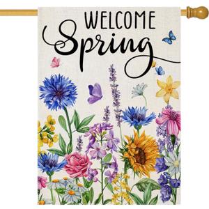 4 x Welcome Summer House Flags for Outdoor Decoration, Watercolor Wildflowers Large Yard Flag,Seasonal Decorative Decor for Holiday Spring Outside 28x40 Inch Vertical Double Sided
