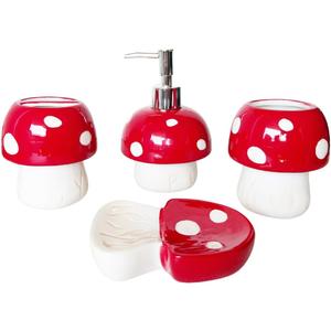 Mushroom Bathroom Accessories Set  4-Piece Ceramic Set (Soap Dispenser, Dish, Toothbrush Holder, Tumbler)  Hand-Painted, Eco-Friendly, Cottagecore Decor for Boho & Rustic Homes