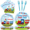96 Pcs Train Party Plates Napkins Forks Supplies Favors Tableware Set Disposable Paper Chugga Chugga Two Two 2nd Birthday Decorations, Serves 24 Guests
