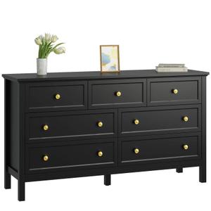 Black Dresser for Bedroom with 7 Drawers, Modern Wide Chest of Storage Drawer with Gold Handles, TV Stand Dresser, Wood Dressers for Bedroom, Living Room, Hallway, Entryway, 55’