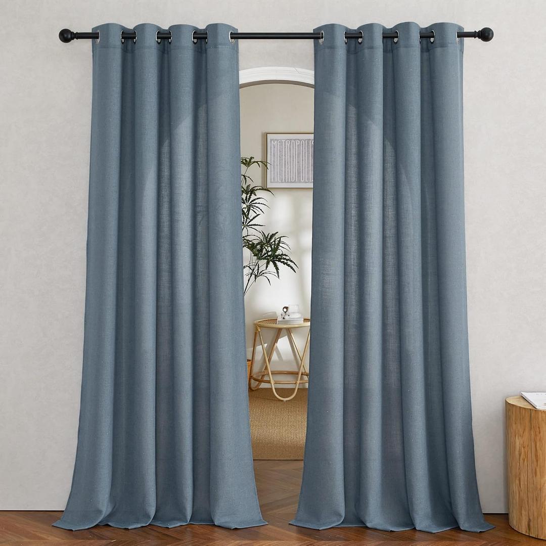 NICETOWN Linen Blend Stone Blue Curtains for Living Room, Grommet Flax Burlap Drapes Semi Sheer Privacy with Light Filtering Window Treatments for Bedroom, W52 x L84, 2 Panels