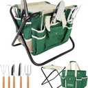 GardenHOME 7-Piece Green Gardening Tool Set Stainless Steel Tools with Wooden Handles, Folding Stool & Canvas Tote, Durable Garden Kit for Every Gardener