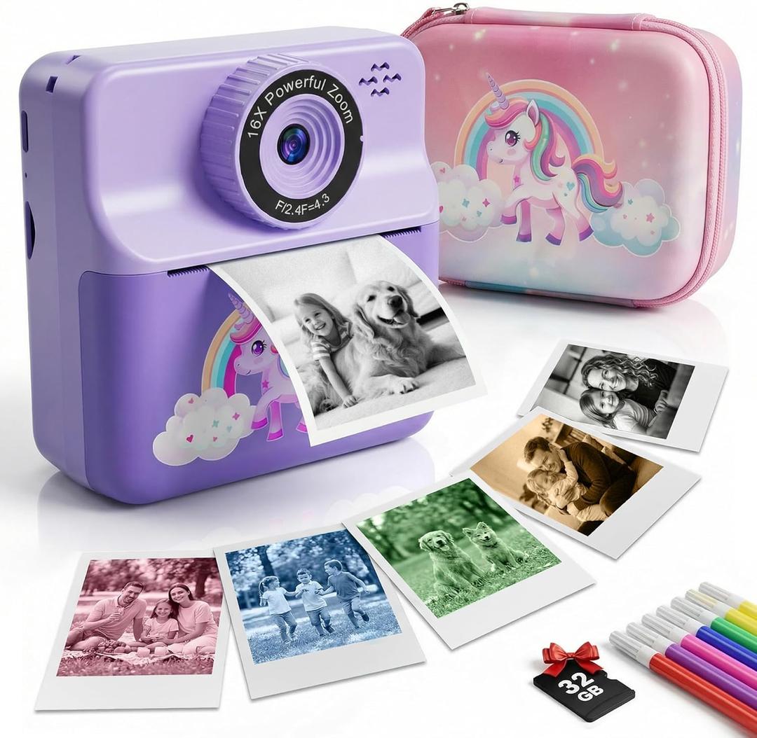 Kids Camera Instant Print with Carrying Case, Digital Selfie Camera with 6 Rolls Print Paper, 5 Monochrome Colors, 32GB SD Card, Portable Toddler Camera for Girls 3-12, Christmas Birthday Gift