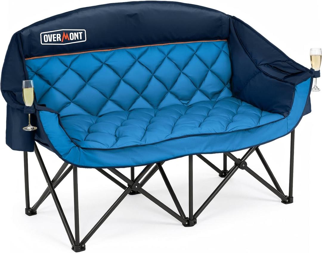 Overmont Oversized Double Camping Chair for Adults Supports up to 850 lbs XXL Heavy Duty Padded Folding Loveseat with Cooler Bag and Cup Holder for Outdoor, Beach, Fishing, Lawn, Blue