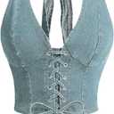 MakeMeChic Women's Denim Corset Top Halter Backless Shirred Y2K Crop Tops S