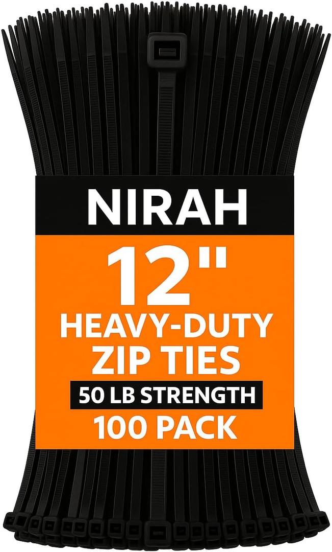 12 inch Black Cable Ties, UV resistant, Self-locking, Multi-purpose Nylon Heavy Duty Zip Ties, Wire Ties for Professionals, Office, Home, Garden, and Cable Management by Nirah (12" 100 pk 50lbs)
