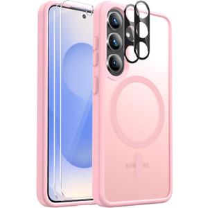Ezanmull for Samsung Galaxy S25 Case Magnetic Shockproof, [Fit for MagSafe] [Glass Screen Protector + Camera Lens Protector] Translucent Anti-Fingerprint Case for Samsung Galaxy S25 6.2" (Pink)