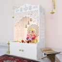 Divine Wooden Pooja Mandir for Home with Spacious Shelf & Inbuilt Focus Light White Pooja Mandir, Height 109 cm Temple I White Finish I Temple for Home