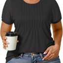 VISLILY Womens-Plus-Size-Summer-Tops Trendy Puff Short Sleeve T Shirts Cute Flowy Pleated Blouses Casual Crewneck Tunics Tee Black 2XL