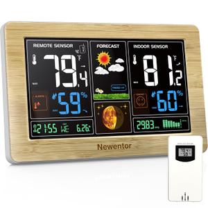 Newentor Weather Station Wireless Indoor Outdoor Thermometer, Color Display Digital Weather Thermometer with Atomic Clock, Barometric Pressure, Forecast Station with Adjustable Backlight, Wood