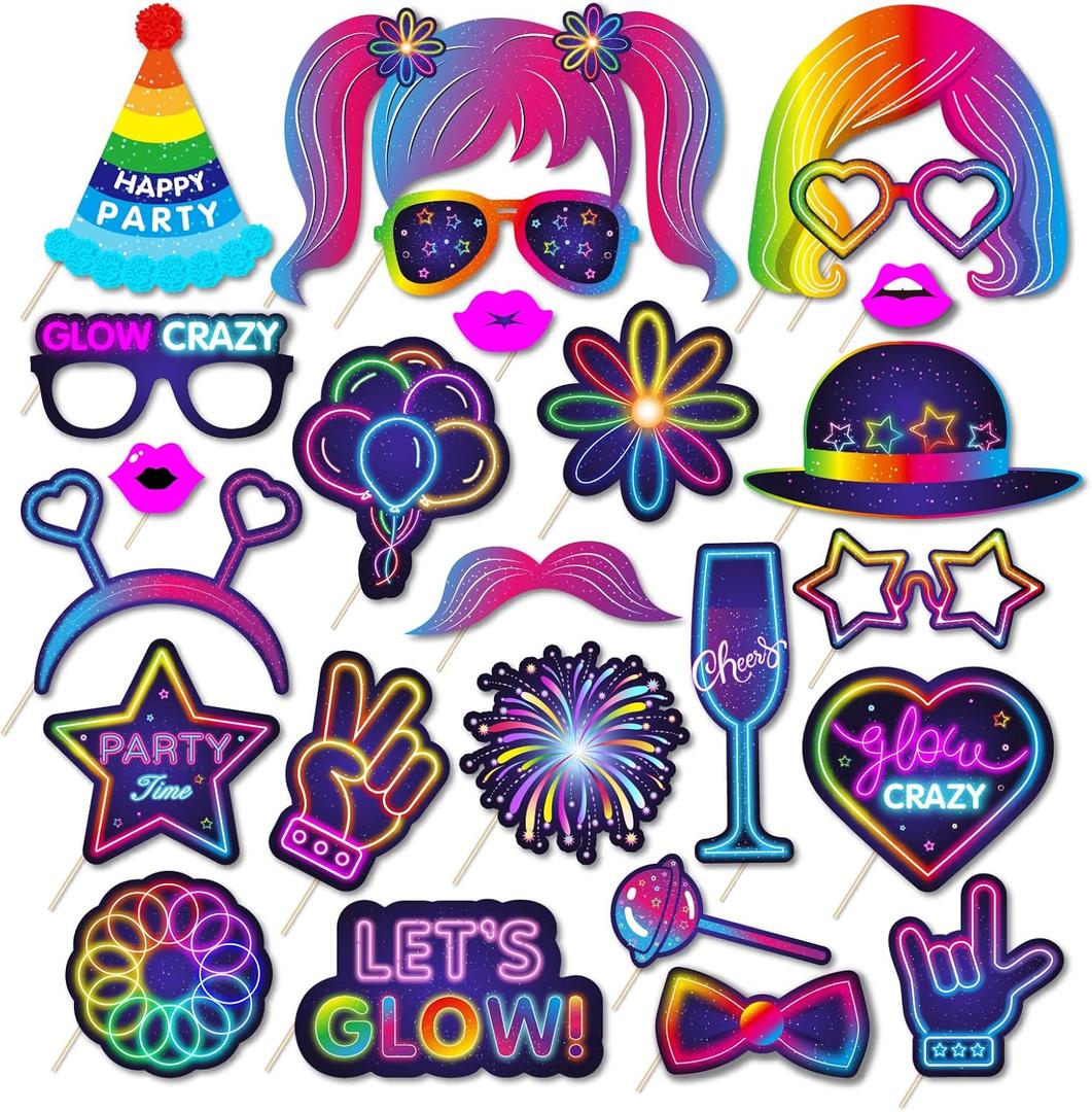 25pcs Glow Neon Photo Booth Props with Stick, Photo Props for Birthday Let's Glow Themed Neon Glow in The Dark Disco Black Light Party Decoration Supplies