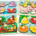 Wooden Toddler Puzzles - 4 Pcs Eco-Friendly Animal Patterns Jigsaw With Handles - Infant Kid Fine Motor Skill Learning Educational Montessori Toys for 1-3 Years Old