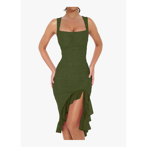 BORIFLORS Women's Sexy Ruched Bodycon Midi Dresses Square Neck Sleeveless Ruffle Hem Club Party Tank Dress, Size-XS