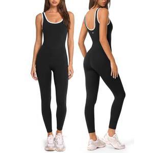 INNO MINT One Piece Workout Jumpsuits for Women - Yoga Full Length Romper with Square Neck and Contrast Trim, Sleeveless Tummy Control Unitard for Gym, M