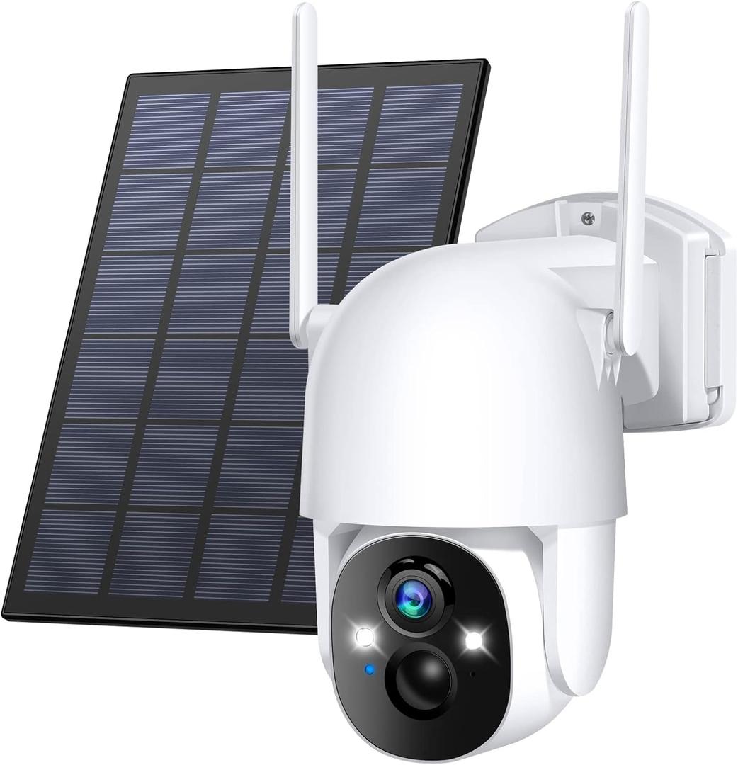 Solar Security Cameras Wireless Outdoor, Wireless Cameras for Home/Outdoor Security, 355PTZ, 3MP 2K FHD WiFi Camera with Spotlight, Motion Detection, Siren, Color Night Vision, SD/Cloud (1 Count (Pack of 1), White)