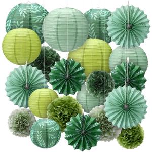 Soulchen 18 Pcs Greenery Classroom Decor Sage Green Paper Lanterns Set Classroom Ceiling Hanging Decorations Hanging Greenery Tissue Pom Poms Fans Decor for Neutral School Boho Birthday Party