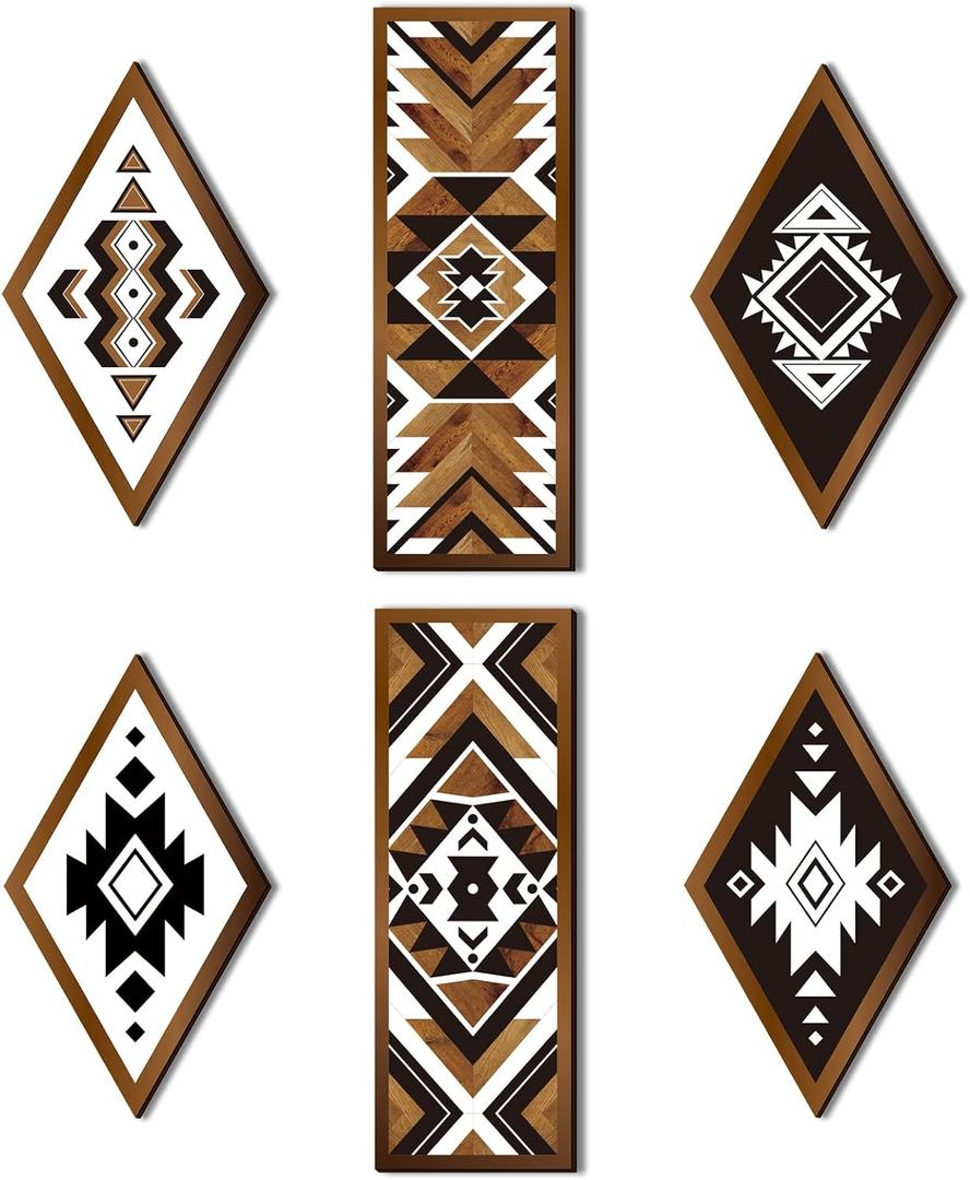 Tatuo 6 Pcs Western Aztec Wall Decor Southwestern Wall Art Boho Farmhouse Geometric Tribal Diamond & Rectangle Wooden Hanging for Home Bedroom Living Room Decor