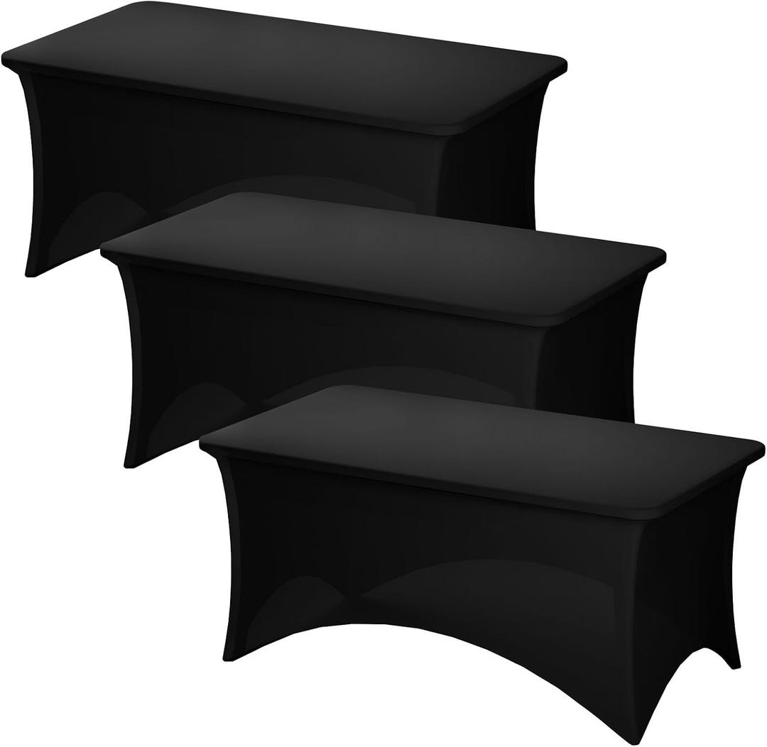 Fixwal 3 Pack Black Tablecloth Rectangle 4Ft, Stretch Spandex Fitted Table Cover for Party, Trade Show, Wedding, Buffet, Graduation, Vendor Stand