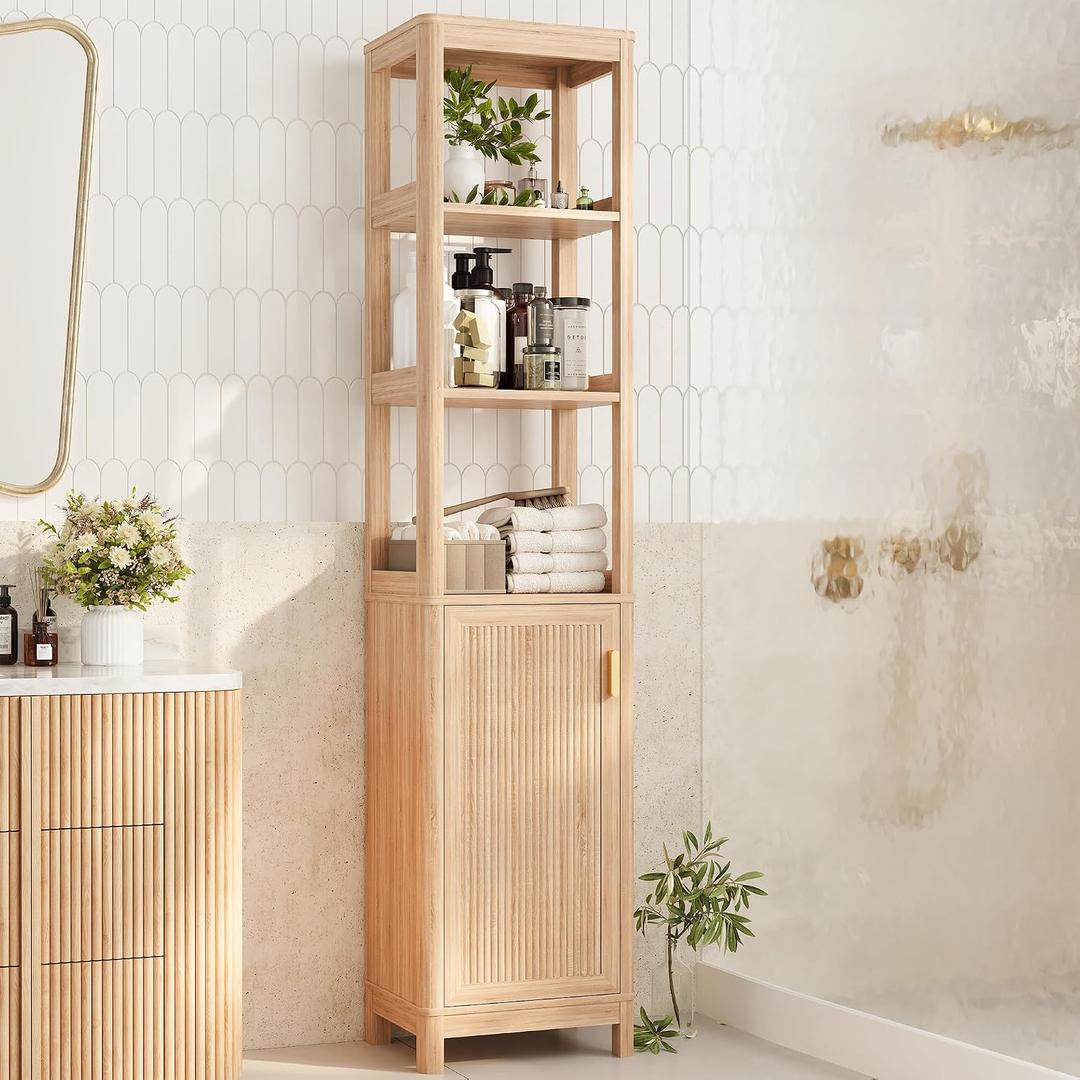 INNOD 68'' Tall Narrow Storage Cabinet with Adjustable Shelf and Door, Bathroom Storage Cabinet, Space Saver for Bathroom, Kitchen, Living Room, Natural Oak, 16 inches x 12 inches x 68 inches