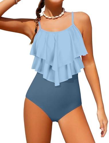 Tomolant Girls Swimsuit Color Block One Piece Swimsuit 2-Tiered Ruffle Bathing Suit Adjustable Strap Girls' Swimwear 11-12Y
