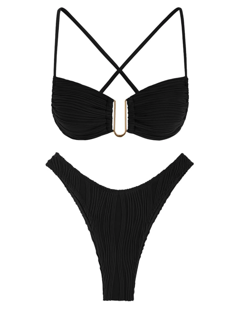 ZAFUL Women's Textured Underwire Bikini Set V Notch High Cut Swimwear Tie Side Ribbed Sexy Swimsuits LARGE
