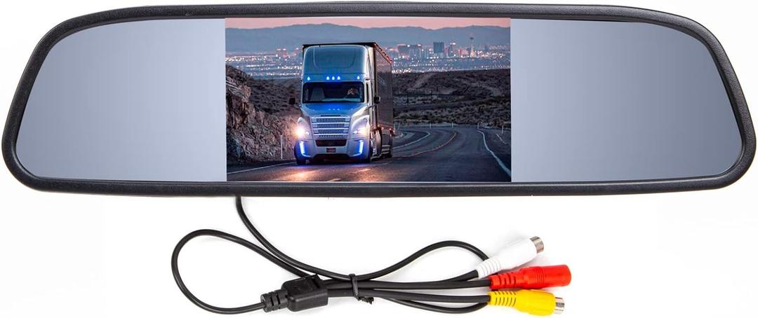4.3 inch Car Video Monitor Auto Rear View Mirror LCD Screen 12V-24V Universal Mount Clip-On Current Mirror for Backup Camera/Front Camera/Media Player/Safety Driving 2 Ways RCA Input