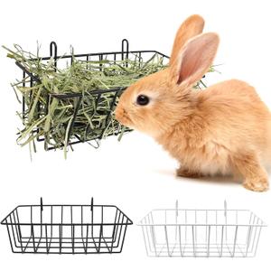 Rabbit Hay Feeder - 2Pcs Metal Rack Hay Holder for Guinea Pig Small Animals Grass Rack for Bunny Chinchilla Cage Reduce Mess 9x4x3 Inch (1 Black & 1 White)