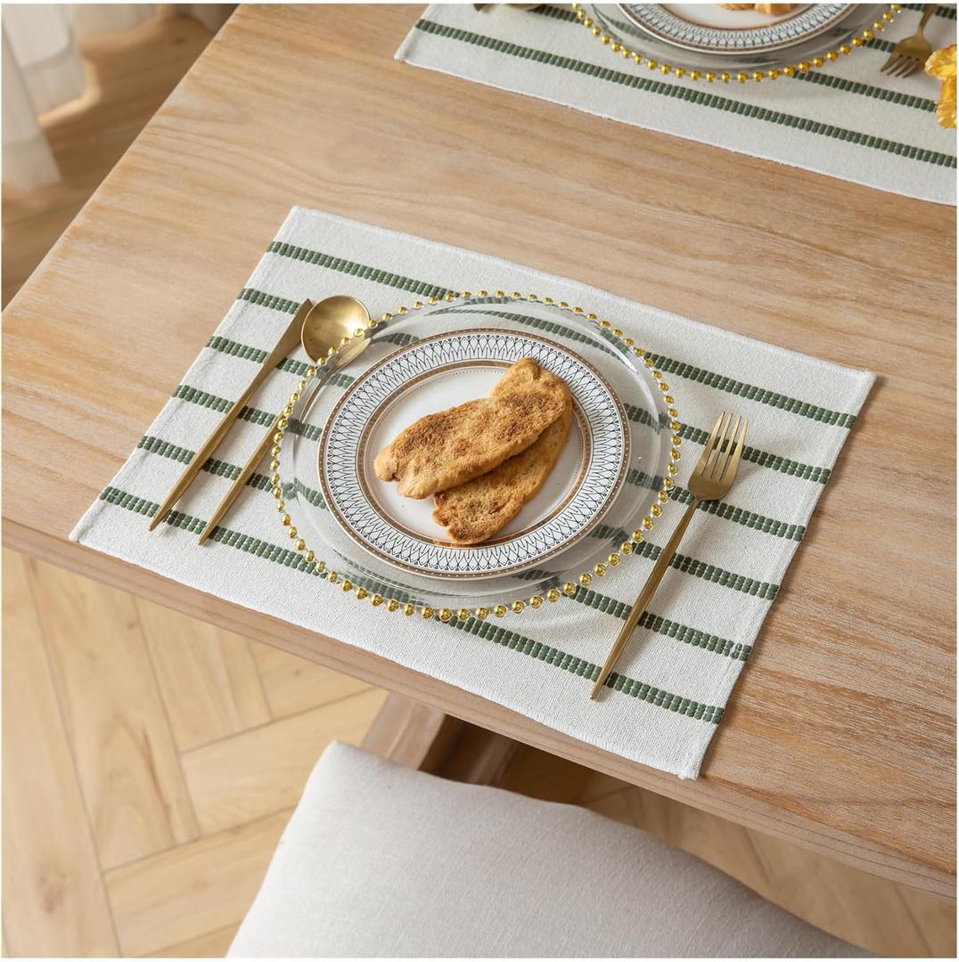 Boho Farmhouse Placemats Set of 6, Green Beige Stripes Cotton Linen Woven Table Mats for Modern Dining Table, 13x19 Inch Rustic Kitchen Decor Place Mats