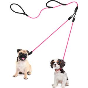 PetBonus Rope Double Dog Leash, No Tangle Dual Dog Leash, Reflective Walking Training Lead with Two Comfortable Padded Handles, 2 Dog Leash Coupler for Small Medium Dogs (1/3" x 6.5FT, Pink)