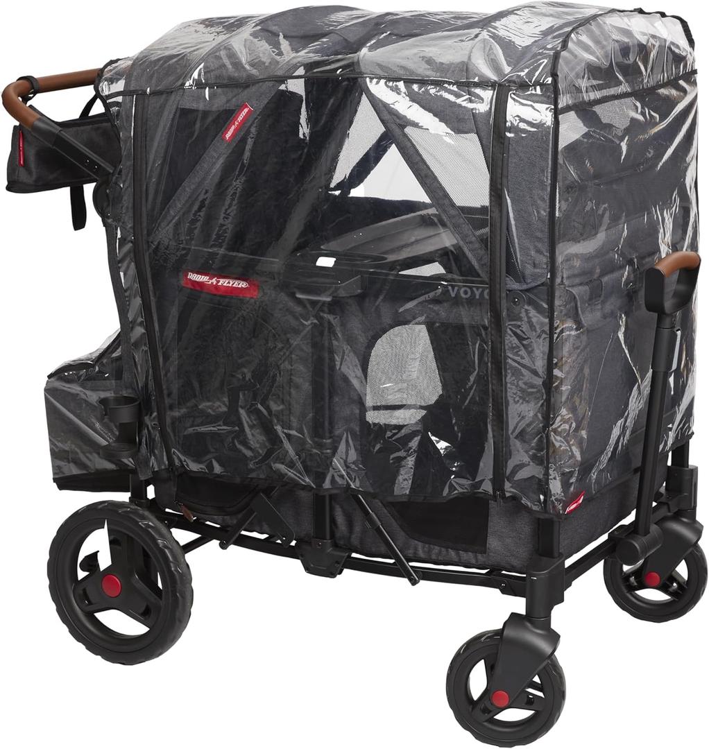 Radio Flyer Voya Quad Stroller Wagon Rain Cover with Storage Bag, Black, Waterproof Stroller Cover for 4-Seater Wagon with High Sides, Fast-Drying Design, Zippered Side Panel for Easy Access